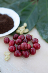 Red ripe arabica coffee berries, green coffee beands, leaves and roasted ground coffee in bowl