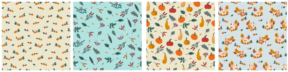 Seamless patterns set with pumpkins, berries and leaves on beige background. Thanksgiving Day concept. For wrapping paper and other design projects
