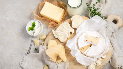 Fresh diary products on light background.