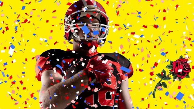 Animation of confetti over american football player on yellow background
