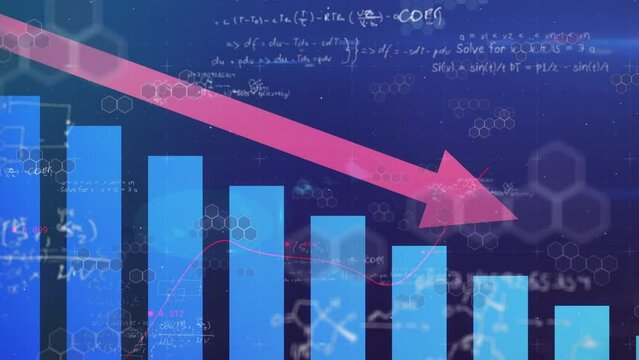 Animation of arrow and graph over chemical formulas on dark blue background