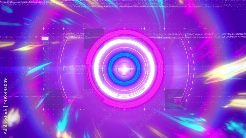 Poster animation of colorful lights and loading circle in digital space