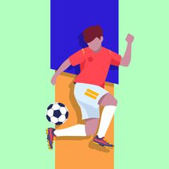 An action player is playing soccer football for exercise. Football 2022. Colored flat graphic vector illustration.