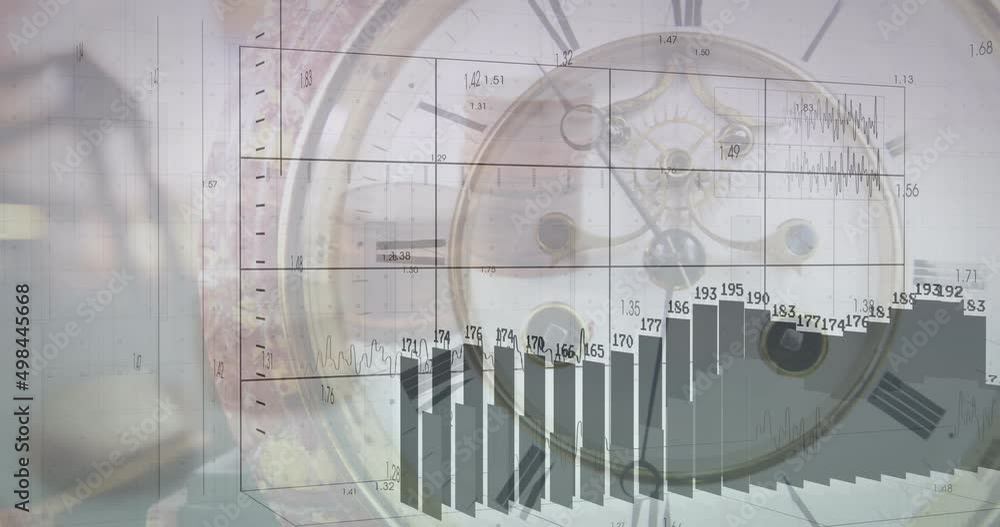 Poster animation of financial data processing over clock