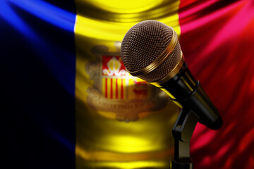 Microphone on the background of the National Flag of Andorra, realistic 3d illustration. music...