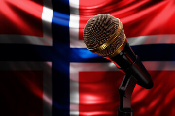 Microphone on the background of the National Flag of Norway, realistic 3d illustration. music...