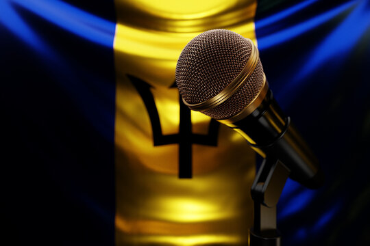 Microphone on the background of the National Flag of Barbados, realistic 3d illustration. music award, karaoke, radio and recording studio sound equipment