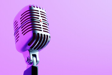 3d illustration close-up of a metal microphone on a pink background - obrazy, fototapety, plakaty