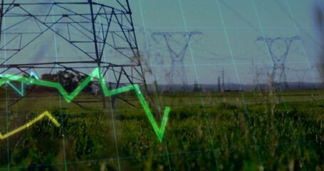 Animation of financial data processing over electricity pylons and landscape - Powered by Adobe