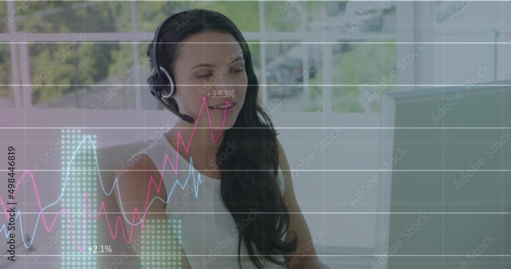 Poster animation of data processing over smiling caucasian businesswoman using phone headset