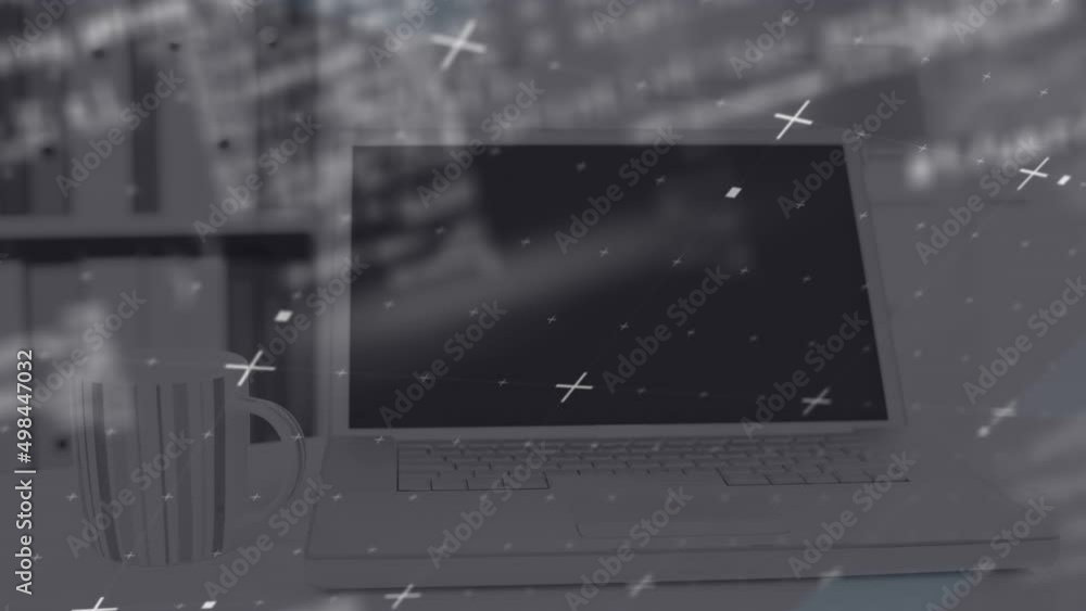 Poster animation of data processing over empty office with laptop