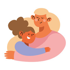 blond mother hugging daughter