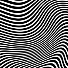 Abstract pattern of wavy stripes or rippled 3D relief black and white lines background. Vector twisted curved stripe modern trendy.Abstract dynamical rippled texture, 3D visual effect, illusion.