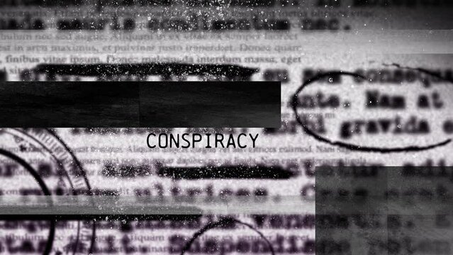 Animation of conspiracy text over black shapes