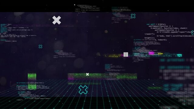 Animation of data processing and interference on black background