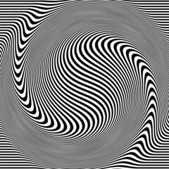 Abstract pattern of wavy stripes or rippled 3D relief black and white lines background. Vector twisted curved stripe modern trendy.3D visual effect, illusion of movement, curvature. Pop art design.