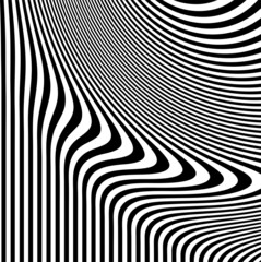 Abstract pattern of wavy stripes or rippled 3D relief black and white lines background. Vector twisted curved stripe modern trendy.Abstract dynamical rippled texture, 3D visual effect, illusion.