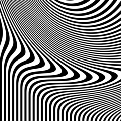 Abstract pattern of wavy stripes or rippled 3D relief black and white lines background. Vector twisted curved stripe modern trendy.3D visual effect, illusion of movement, curvature. Pop art design.	
