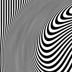 Abstract pattern of wavy stripes or rippled 3D relief black and white lines background. Vector twisted curved stripe modern trendy.3D visual effect, illusion of movement, curvature. Pop art design.	
