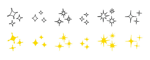 Sparkles twinkle stars doodle symbols. Set of vector sparkle star icon. Bright firework, shiny flash, decoration twinkle. Glowing light effect. Stock vector illustration.