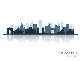 Nur-Sultan skyline silhouette with reflection. Landscape Nur-Sultan, Kazakhstan. Vector illustration.