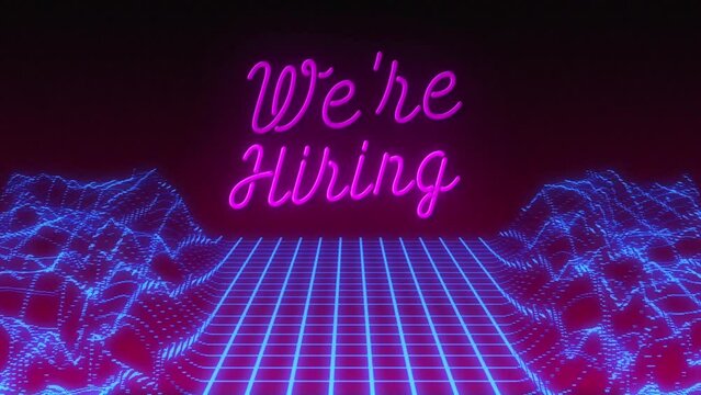 Animation of we are hiring text over neon mountains