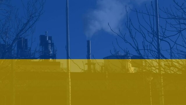 Animation of flag of ukraine over factory