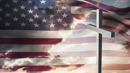Animation of christian cross and clouds over waving flag of usa - Powered by Adobe