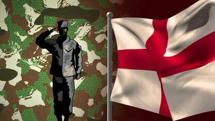 Animation of english flag and soldier saluting over camouflage background - Powered by Adobe