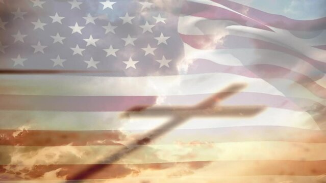 Animation of christian cross shadow and clouds over waving flag of usa