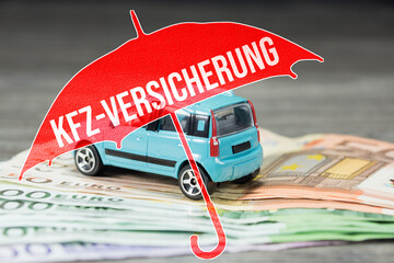 Ein Auto, Euro Geldscheine und Regenschirm KFZ-Versicherung