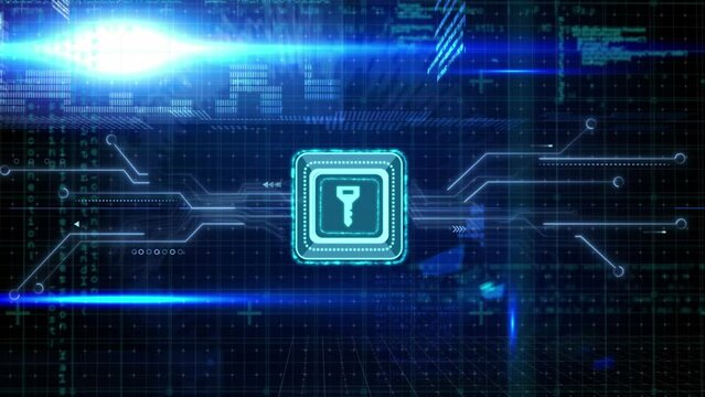 Animation of data processing with online security key over computer circuit board