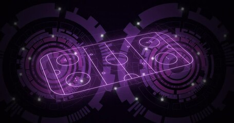 Animation of purple ice hockey field over scopes scanning - Powered by Adobe