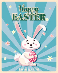 Happy Easter poster retro. Greeting card with rabbit, bunny, egg. Vector illustration vintage