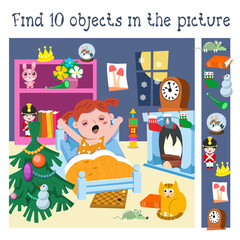 Find 10 hidden objects in picture. Christmas night with cute girl in room. Educational game for children. Activity, vector illustration.