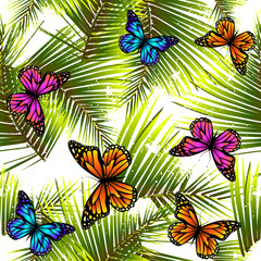 Seamless background palm leaves with butterflies . Vector illustration