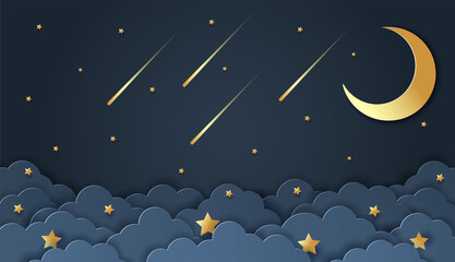 Obraz na płótnie Canvas Paper cut of night clouds and crescent moon with shooting star on dark blue background. Sweet dream and Good night concept. Baby shower greeting card. Vector illustration.