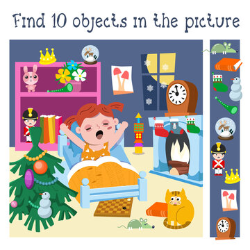 Find 10 hidden objects in picture. Christmas night with cute girl in room. Educational game for children. Activity, vector illustration.
