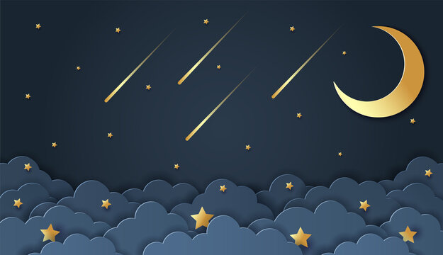 Paper cut of night clouds and crescent moon with shooting star on dark blue background. Sweet dream and Good night concept. Baby shower greeting card. Vector illustration.
