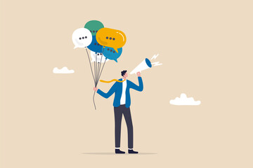 Communication or PR, Public Relations manager to communicate company information and media, announce sales or promotion concept, businessman holding speech bubble balloons while talking on megaphone. - obrazy, fototapety, plakaty