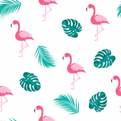 Colorful flamingo and tropical leaves seamless pattern. Summer symbol vector illustration in cartoon style for paper, wrap, fabric design, print, textile and much more.
