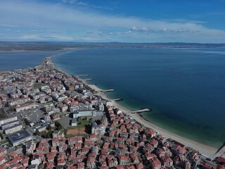 View from a height of the city of Pomorie, which is located on the peninsula of Bulgaria and is washed by the Black Sea