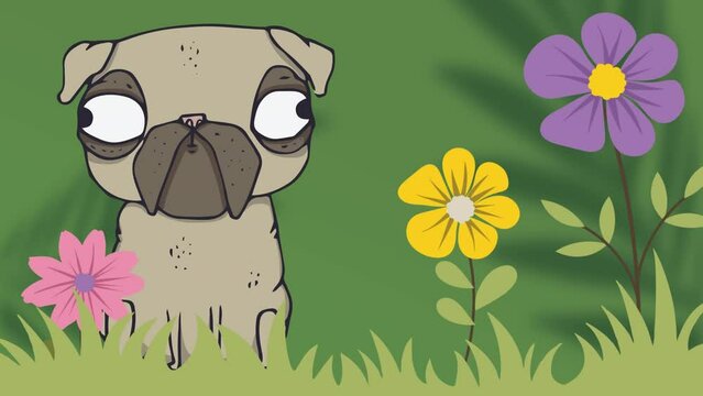 Digital animation of pug dog and colorful flowers icon against green background