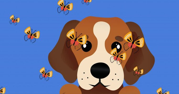 Digital animation of multiple butterfly floating over dog face icon on blue background