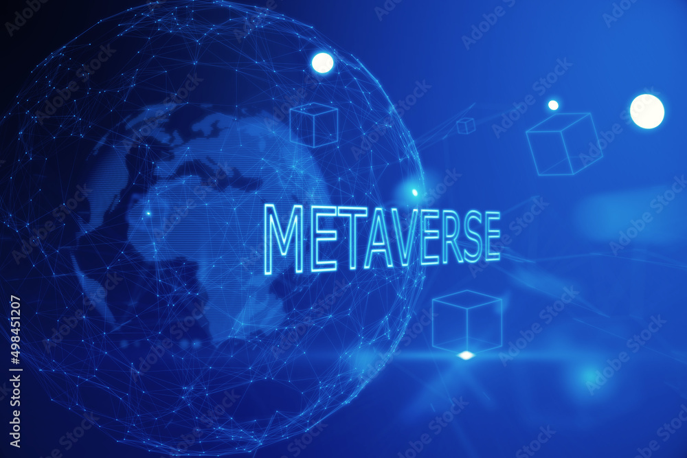 Poster creative glowing blue globe metaverse backdrop. augmented reality and future concept. 3d rendering.