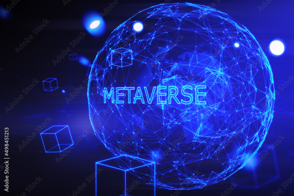 Poster Abstract glowing blue globe metaverse backdrop. Augmented reality and future concept. 3D Rendering.