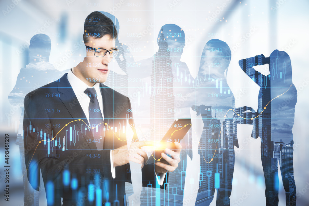 Poster attractive caucasian businesspeople using devices on abstract office workspace background with forex