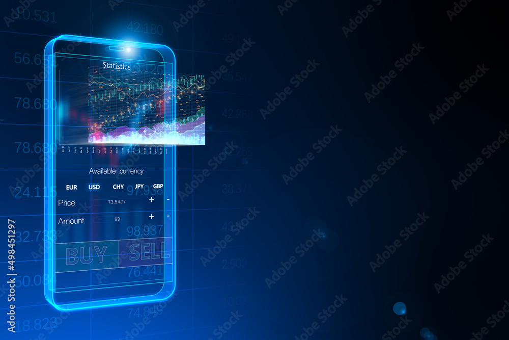 Poster Abstract digital blue mobile phone with cryptocurrency buy sell chart and mock up place on blue backdrop. Bitcoin and trade concept. 3D Rendering.