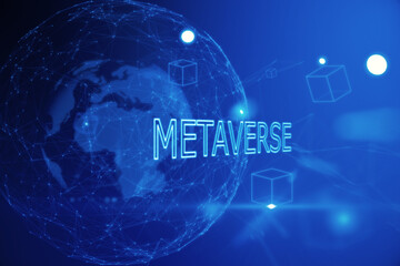 Creative glowing blue globe metaverse backdrop. Augmented reality and future concept. 3D Rendering.