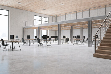 Light wooden and concrete duplex office interior with daylight, furniture and equipment. 3D Rendering.